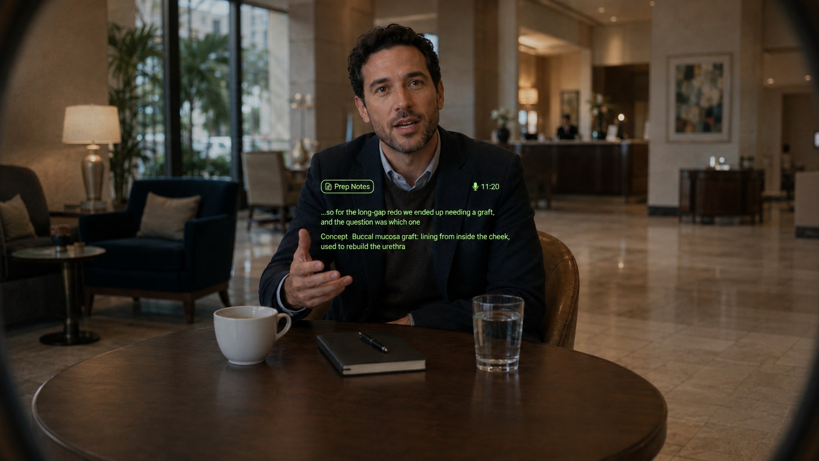 First-person view through the Even G2 glasses, the dark rims of the frame faintly visible at the left and right edges. Across a round wooden table in a hotel lobby, a man in a navy blazer is mid-sentence, one hand raised; a coffee cup, a notebook with a pen, and a glass of water sit on the table. Floating in front of his chest, small lime-green text: a rounded Prep Notes pill at the upper left, a microphone icon and 11:20 at the upper right, two lines of transcript reading "...so for the long-gap redo we ended up needing a graft, and the question was which one", then "Concept  Buccal mucosa graft: lining from inside the cheek, used to rebuild the urethra". An AI-generated illustration, not a photograph.