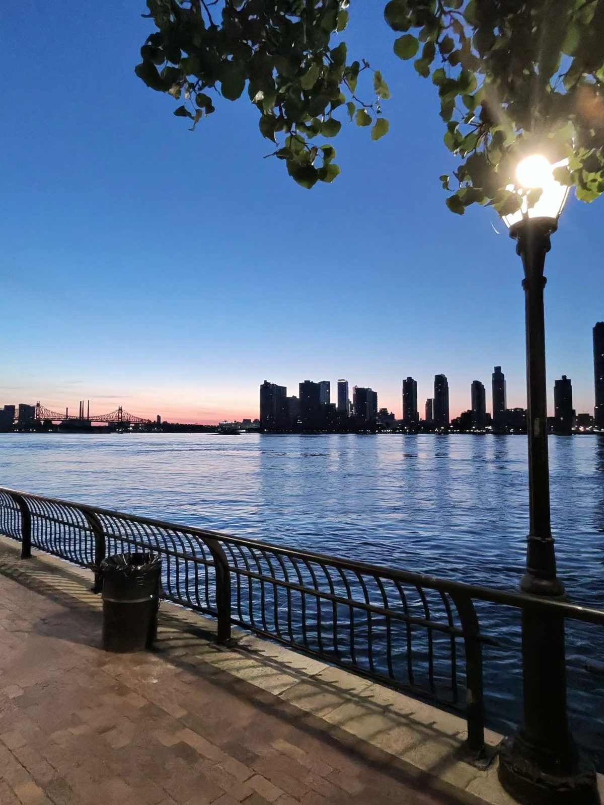 A wide river at dusk under a clear blue sky. A long bridge sits low on the left horizon and a skyline of tall towers stands across the water, both in silhouette against a pink and orange afterglow. In the foreground a lit lamppost and leafy branches overhang a railed stone walkway.